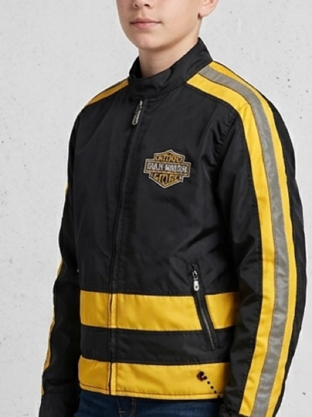 Vintage Harley-Davidson Black & Yellow Moto Jacket – Unisex Kids M